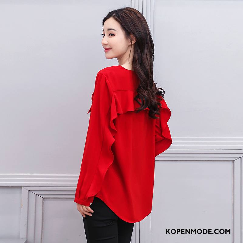 Kleding Grote Maten Dames Voorjaar Rechtdoor Pullover Blouse Overhemd Lange Mouwen 2018 Effen Kleur Wit