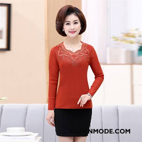 Kleding Middelbare Leeftijd Dames Lang Vrouwen Pullover Elegante Ronde Hals Voorjaar Rood