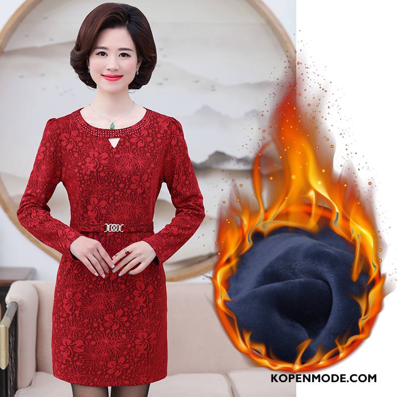Kleding Middelbare Leeftijd Dames Winter Ronde Hals Lang Lange Mouwen Vrouwen Slim Fit Scharlakenrood