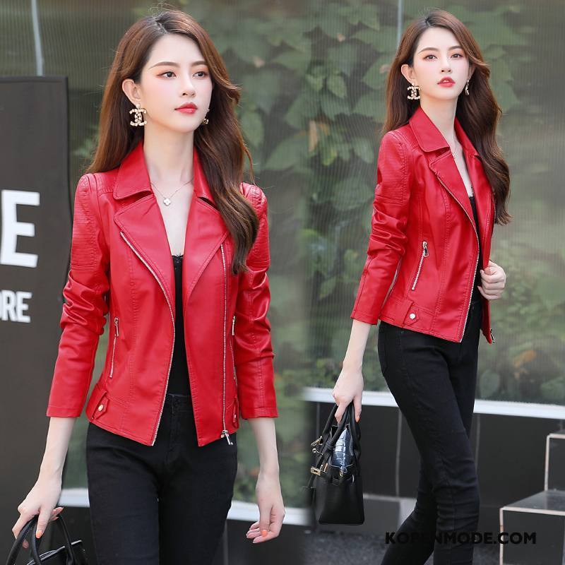 Leren Jassen Dames Comfortabele Slim Fit Casual Mode Persoonlijk Elegante Rood