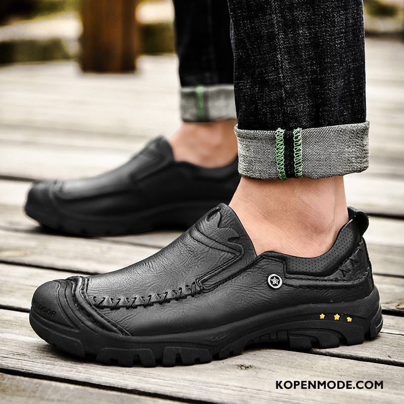 Leren Schoenen Heren Echt Leer Bootschoenen Antislip Outdoor Zachte Zolen Herfst Zwart