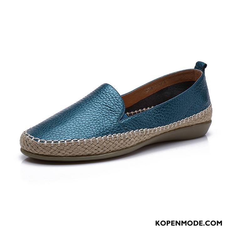 Mocassins Dames 2018 Pumps Schoenen Ronde Kop Vrouwen Echt Leer Indigo Kleur Gouden Licht