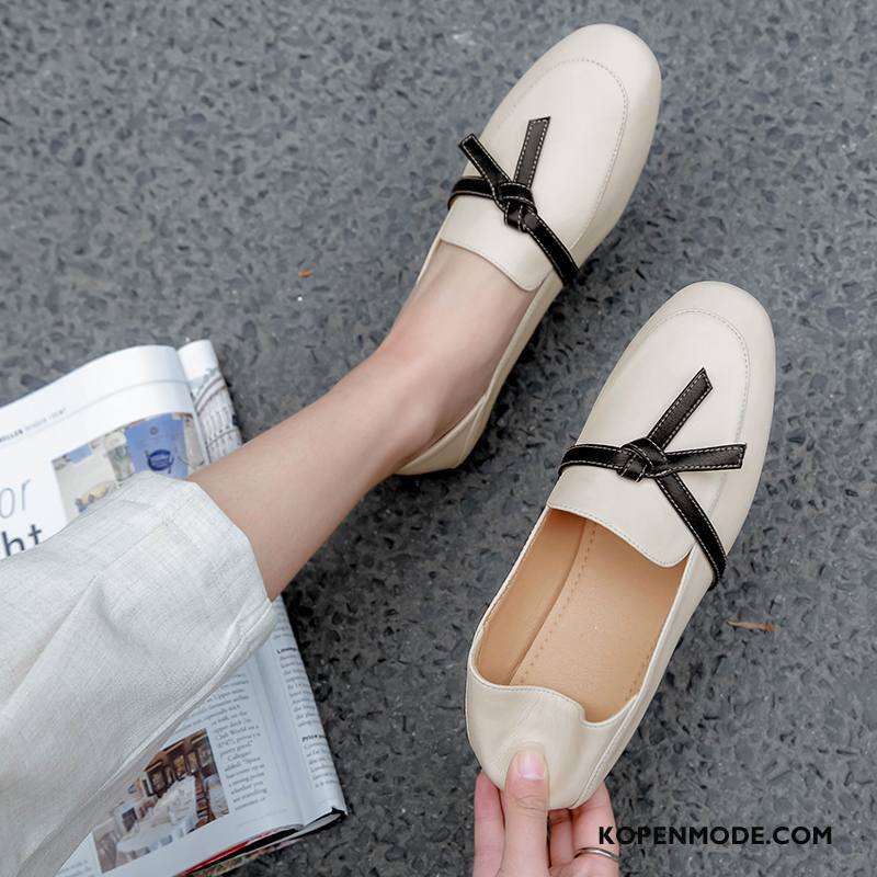 Mocassins Dames Vrouwen Bootschoenen Pumps Plat Brits Leren Schoenen Wit Beige