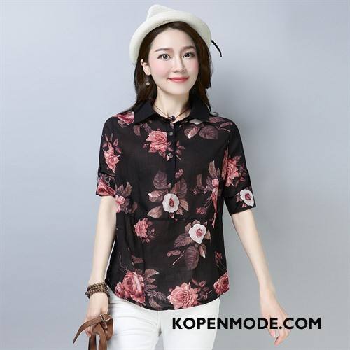 Overhemden Dames Bedrukken Slim Fit Eenvoudige Stad Blouse Overhemd Zomer Effen Kleur Rood