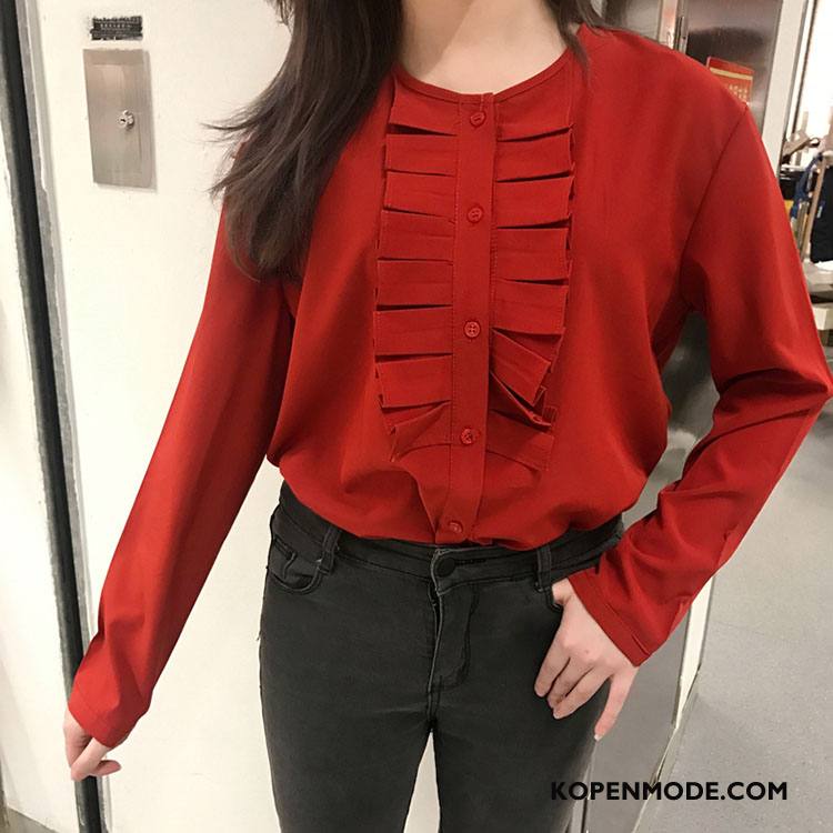 Overhemden Dames Elegante Blouse Overhemd 2018 Voorjaar Lange Mouwen Zoet Effen Kleur Rood