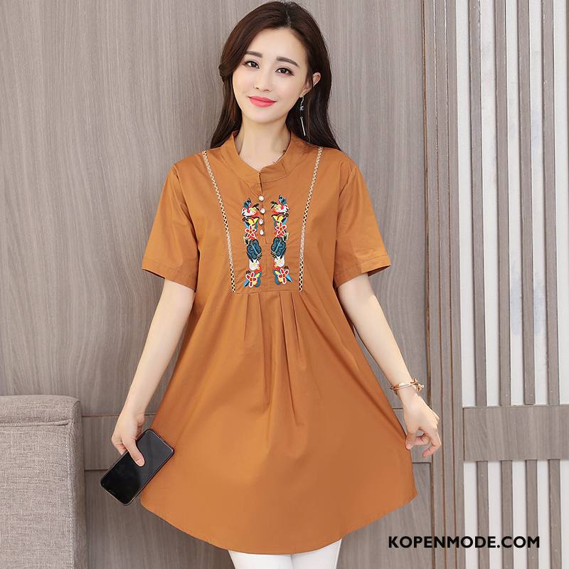 Overhemden Dames Hoge Kraag Straat Zomer Blouse Overhemd Korte Mouw 2018 Karamel Kleur Effen Kleur