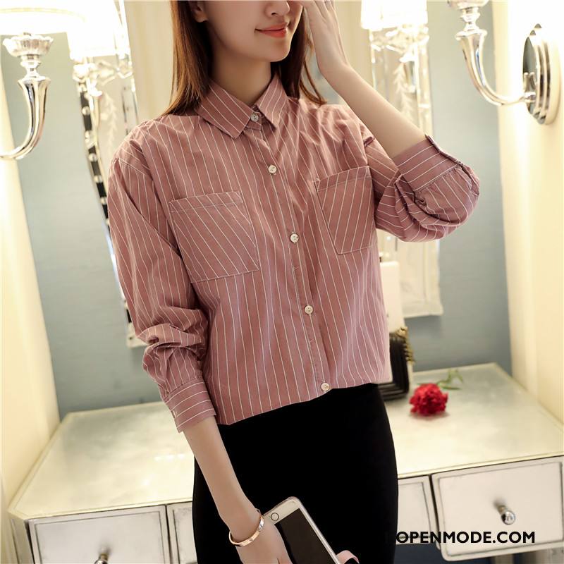 Overhemden Dames Voorjaar Blouse Overhemd Zoet Mode Geruit Lange Mouwen Roze Rood Effen Kleur