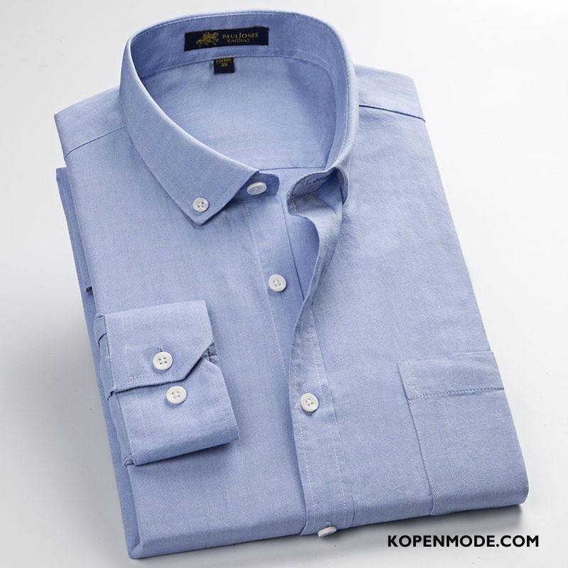 Overhemden Heren Bedrijf Casual Lange Mouwen Slim Fit Voorjaar Katoen Effen Kleur Blauw