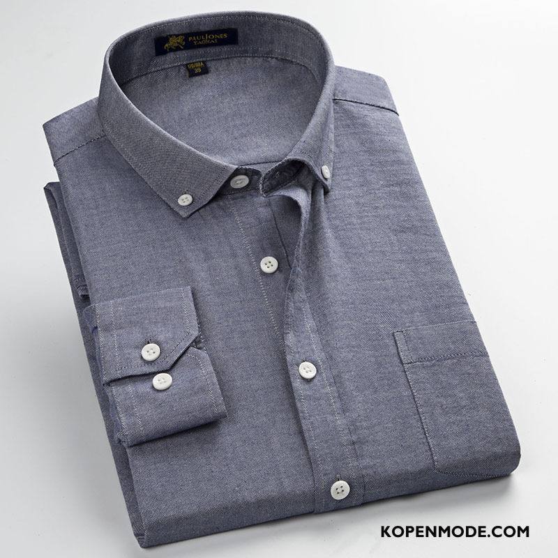 Overhemden Heren Bedrijf Casual Lange Mouwen Slim Fit Voorjaar Katoen Effen Kleur Blauw