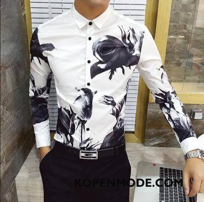 Overhemden Heren Bedrukken Voorjaar Bloemen Lange Mouwen Slim Fit Trend Wit