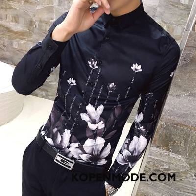 Overhemden Heren Bedrukken Voorjaar Bloemen Lange Mouwen Slim Fit Trend Wit