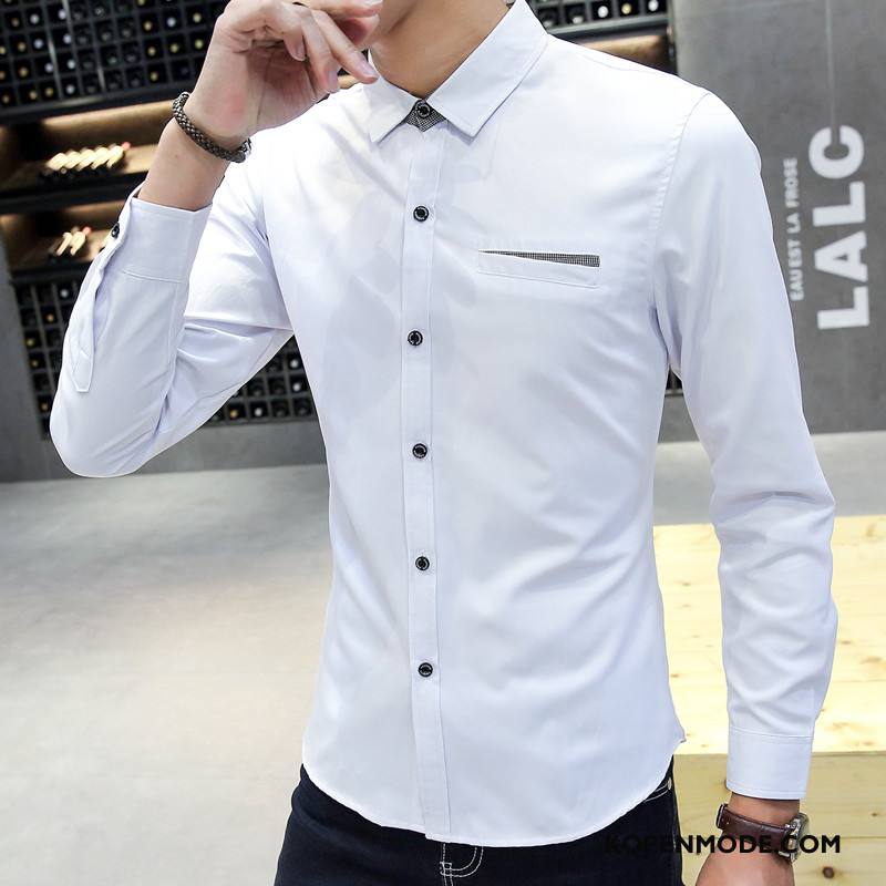 Overhemden Heren Casual Lange Mouwen Trend Bedrijf Slim Fit Jeugd Effen Kleur Wit