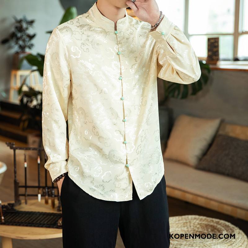 Overhemden Heren Lange Mouwen Dragon Patroon Chinese Stijl Casual Vintage Mannen Rood