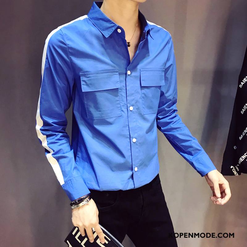 Overhemden Heren Mannen Herfst Elegante Lange Mouwen Slim Fit Trend Gemengde Kleuren Blauw