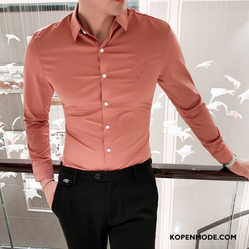 Overhemden Heren Nieuw Herfst Mannen Persoonlijk Slim Fit Trend Roze Paars