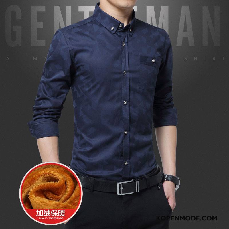 Overhemden Heren Plus Kasjmier Mannen Winter Herfst Slim Fit Katoen Donkerblauw
