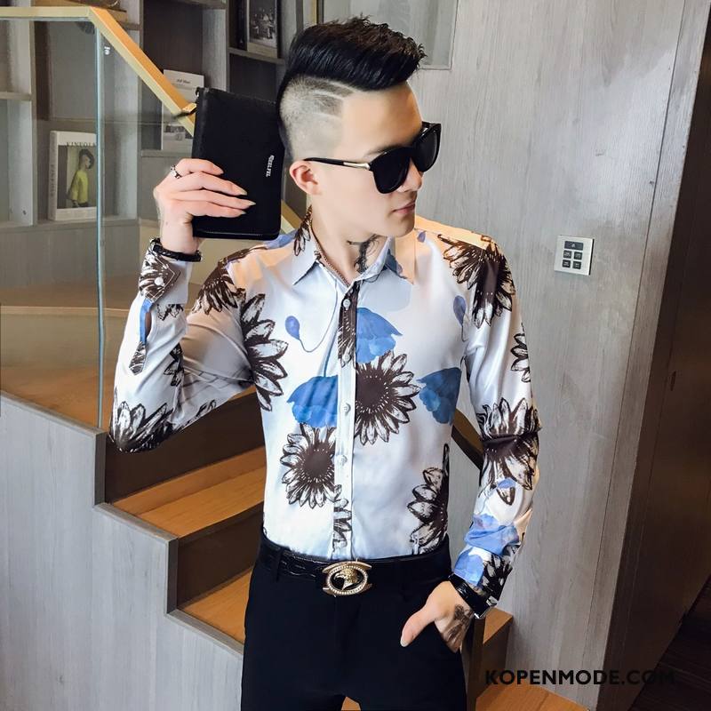 Overhemden Heren Slim Fit Bloemen Trend Mannen Lange Mouwen Mooi Zwart