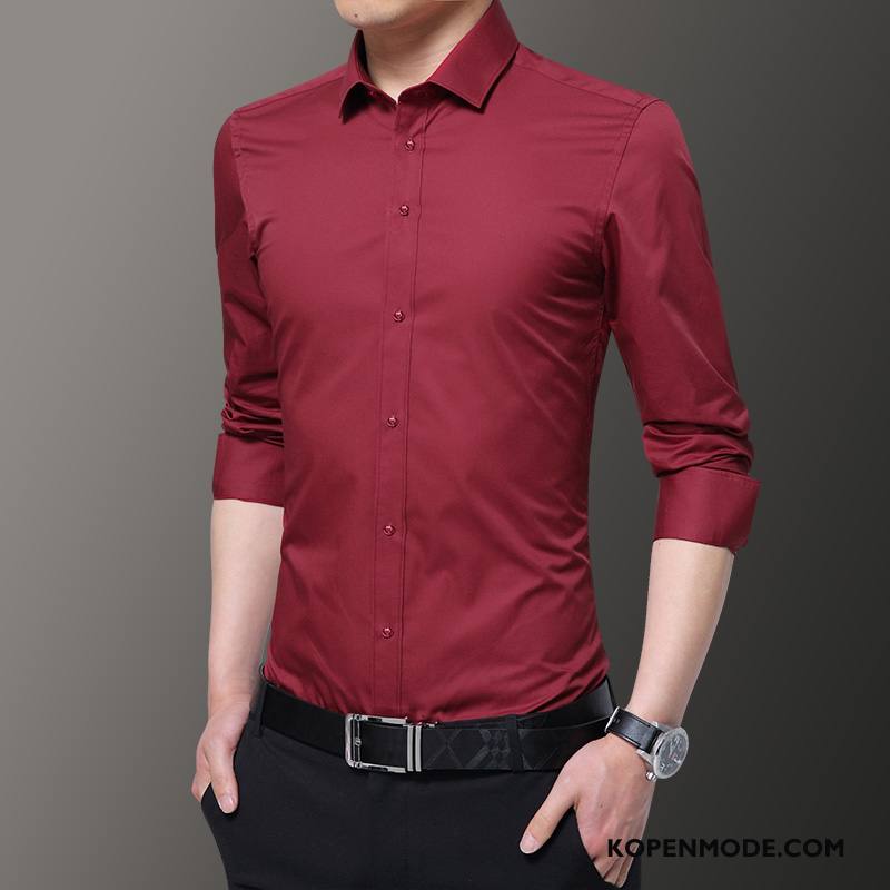 Overhemden Heren Slim Fit Dunne Lange Mouwen Jeugd Roze Rood Effen Kleur