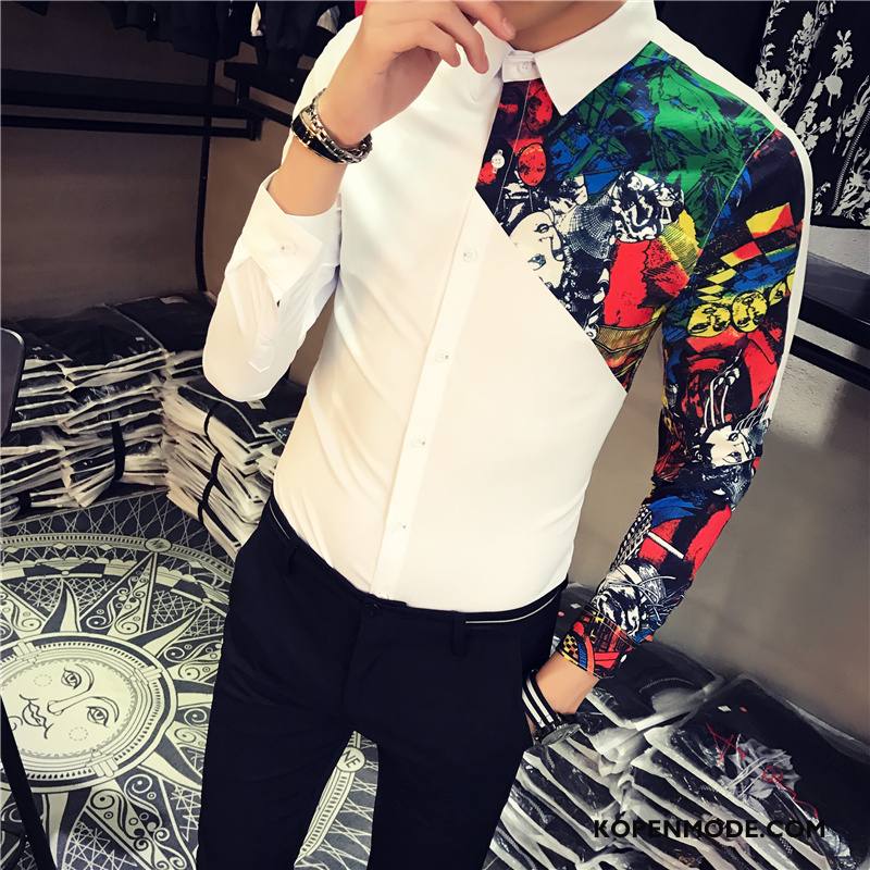 Overhemden Heren Trend Bedrukken Lange Mouwen Mannen Persoonlijk Voorjaar Wit