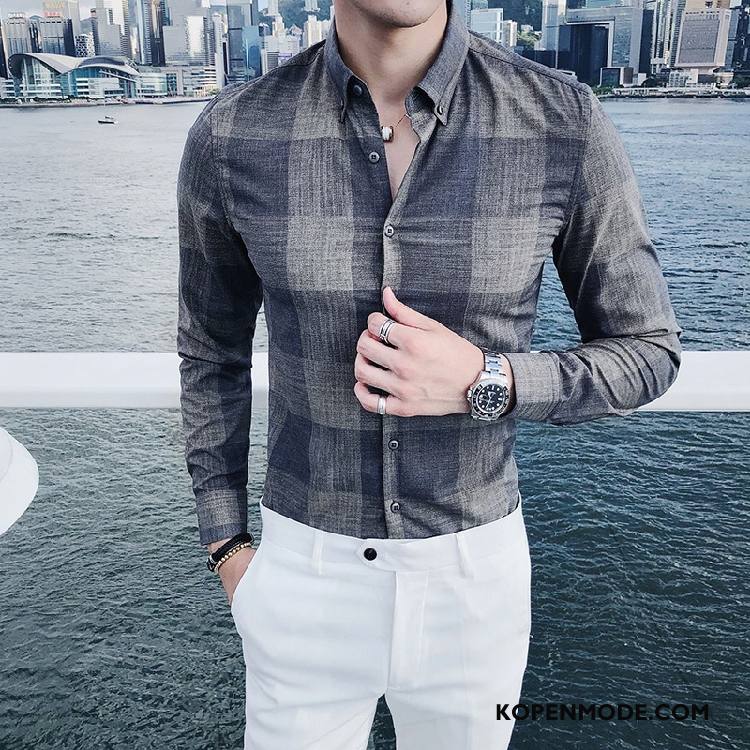 Overhemden Heren Trend Casual Jasje Geruit Slim Fit Trendy Merk Blauw