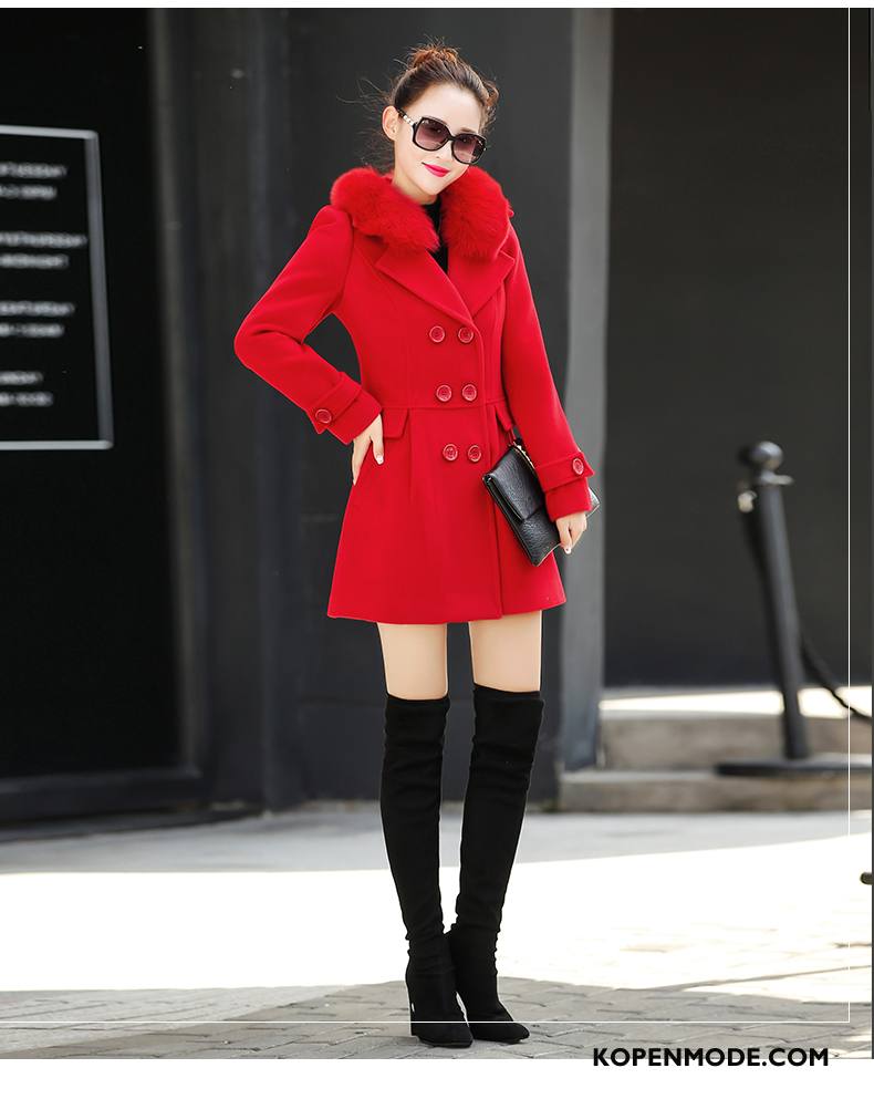 Overjas Dames Winter Slim Fit Dubbele Knop Trend Dunne Eenvoudige Roze Rood Effen Kleur