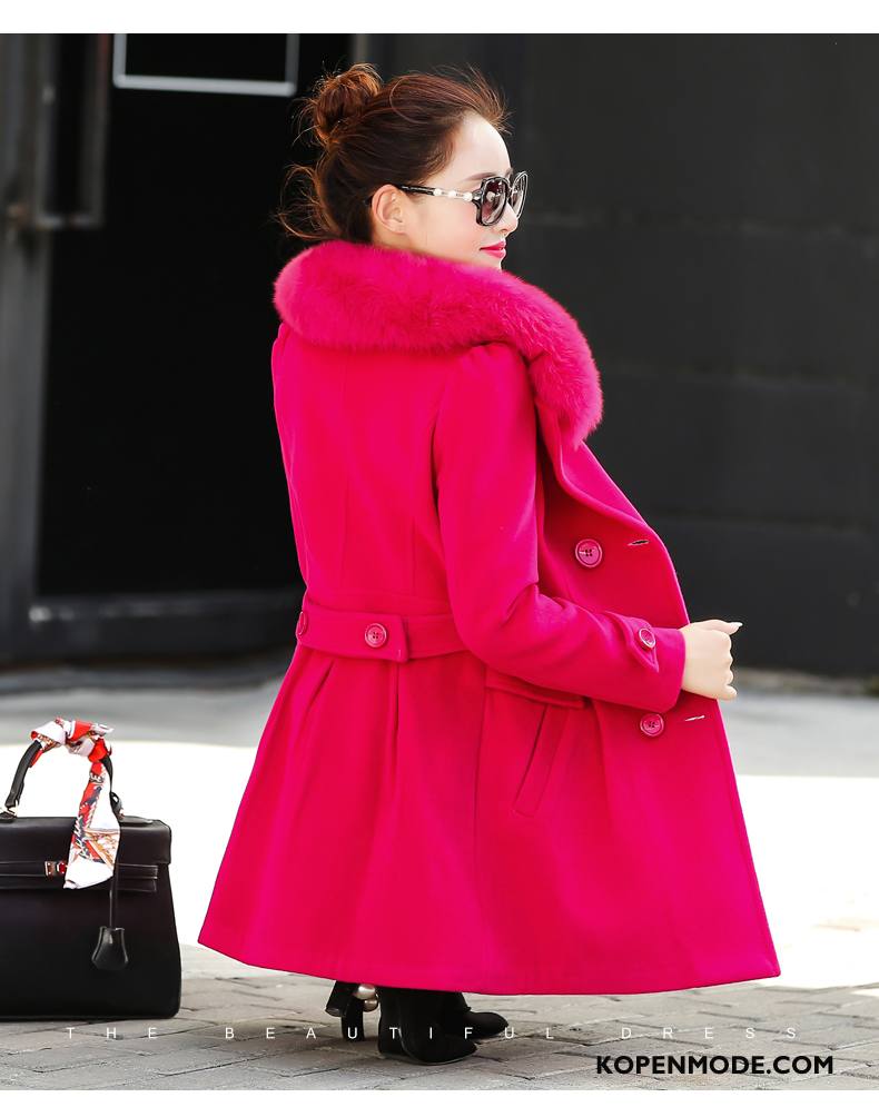 Overjas Dames Winter Slim Fit Dubbele Knop Trend Dunne Eenvoudige Roze Rood Effen Kleur