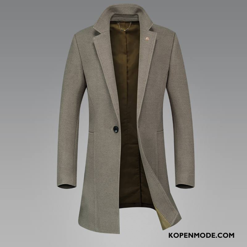 Overjas Heren Trenchcoat Wollen Doek Slim Fit Revers Jas Wol Herfst Grijs Donker