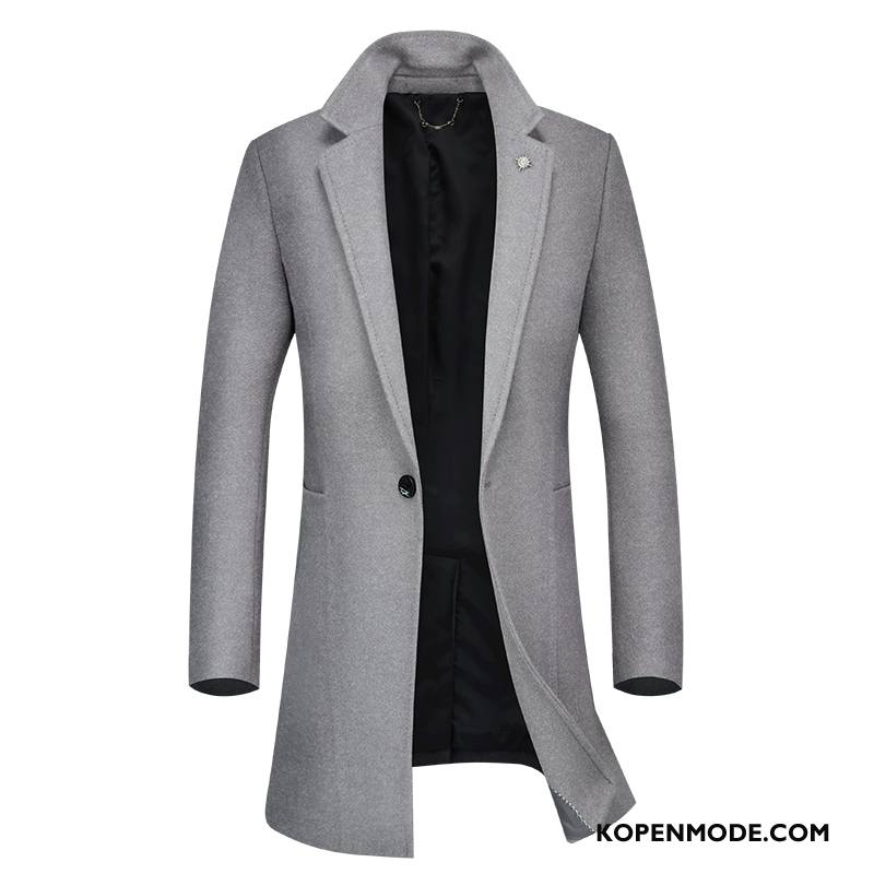 Overjas Heren Trenchcoat Wollen Doek Slim Fit Revers Jas Wol Herfst Grijs Donker