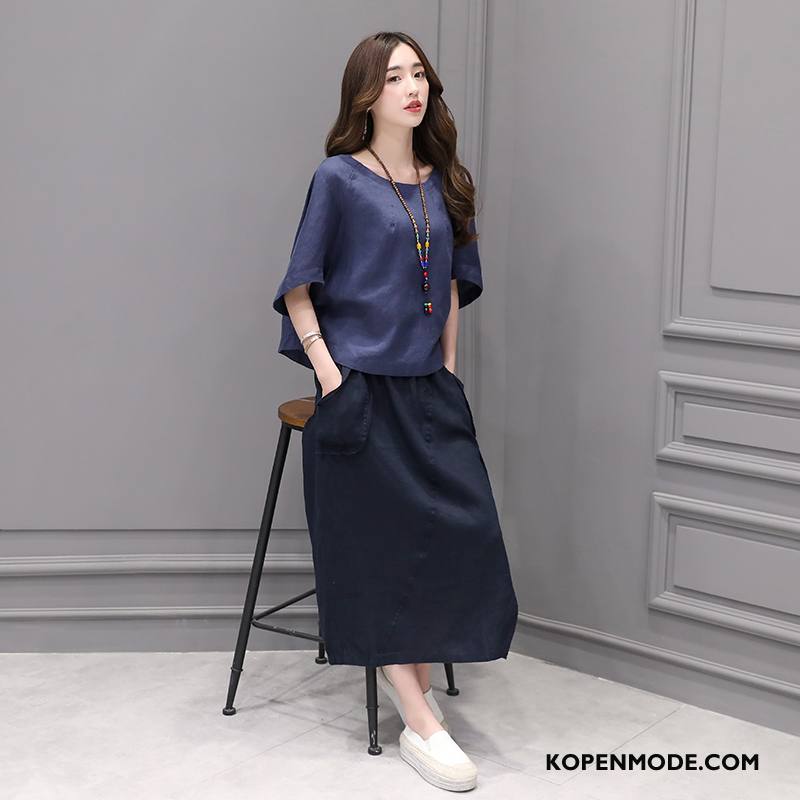 Pakken Dames Losse 2018 Ronde Hals Zomer Slim Fit Casual Marineblauw Effen Kleur Wit