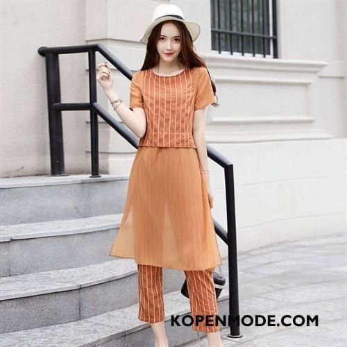 Pakken Dames Ronde Hals Mode Zomer Trend Dunne Pullover Effen Kleur Oranje Geel