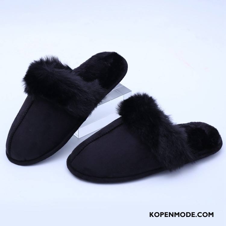 Pantoffels Dames Antislip Vrouw Katoen Winter Kasjmier Effen Kleur Zwart