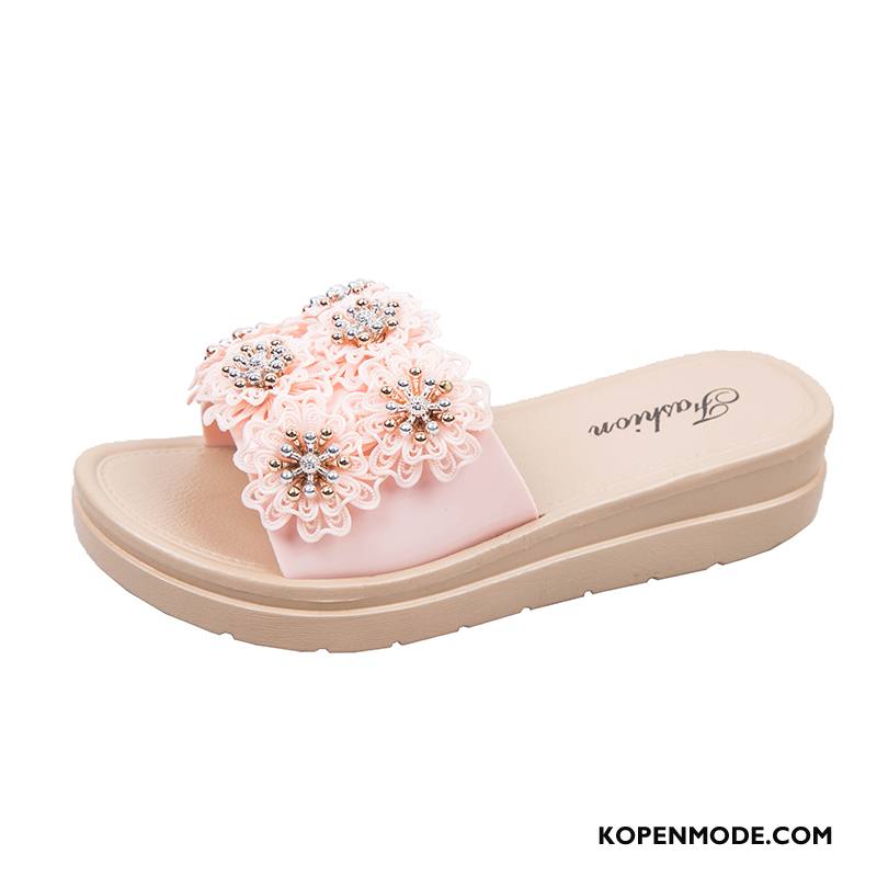 Pantoffels Dames Antislip Vrouwen Zomer Alle Wedstrijden Verhogende Bloemen Zwart