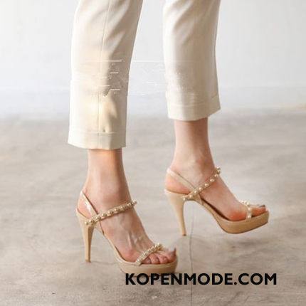 Sandalen Dames Echt Leer Zomer Dunne Open Teen Vrouwen Klinknagel Abrikoos Kleur