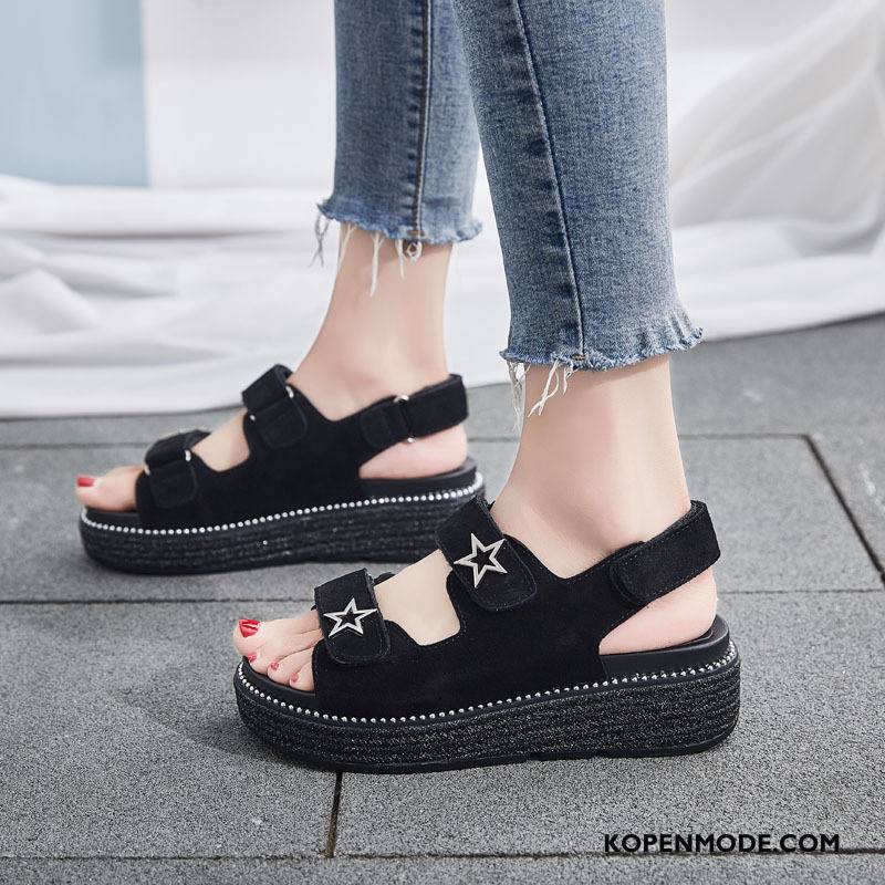 Sandalen Dames Vis Mond Alle Wedstrijden Platform Velcro Echt Leer Trend Rood Zwart