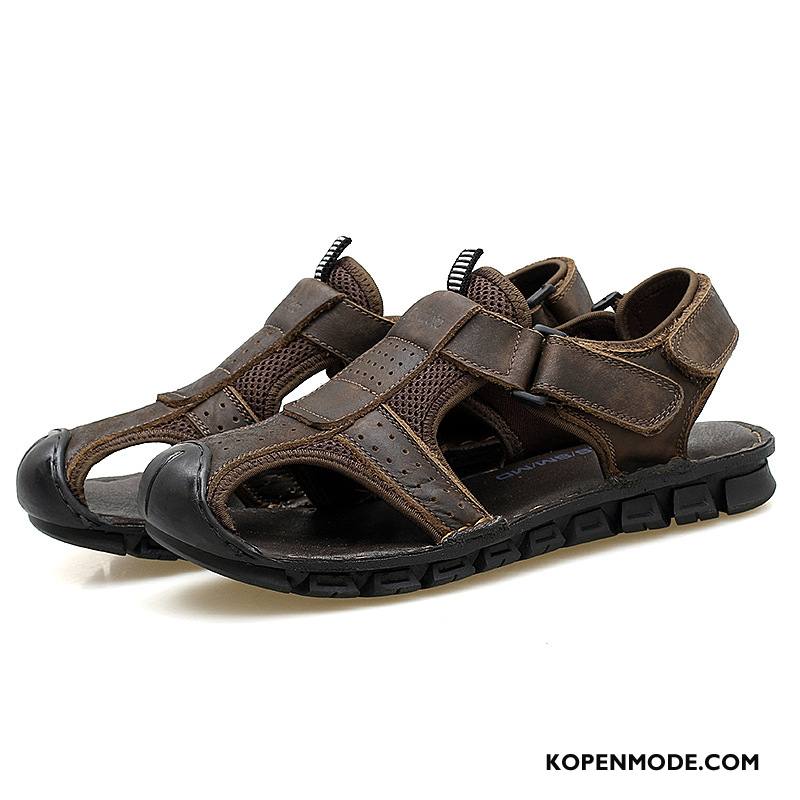 Sandalen Heren Antislip Outdoor Casual Trend Leer Sandaal Zandkleur Bruine