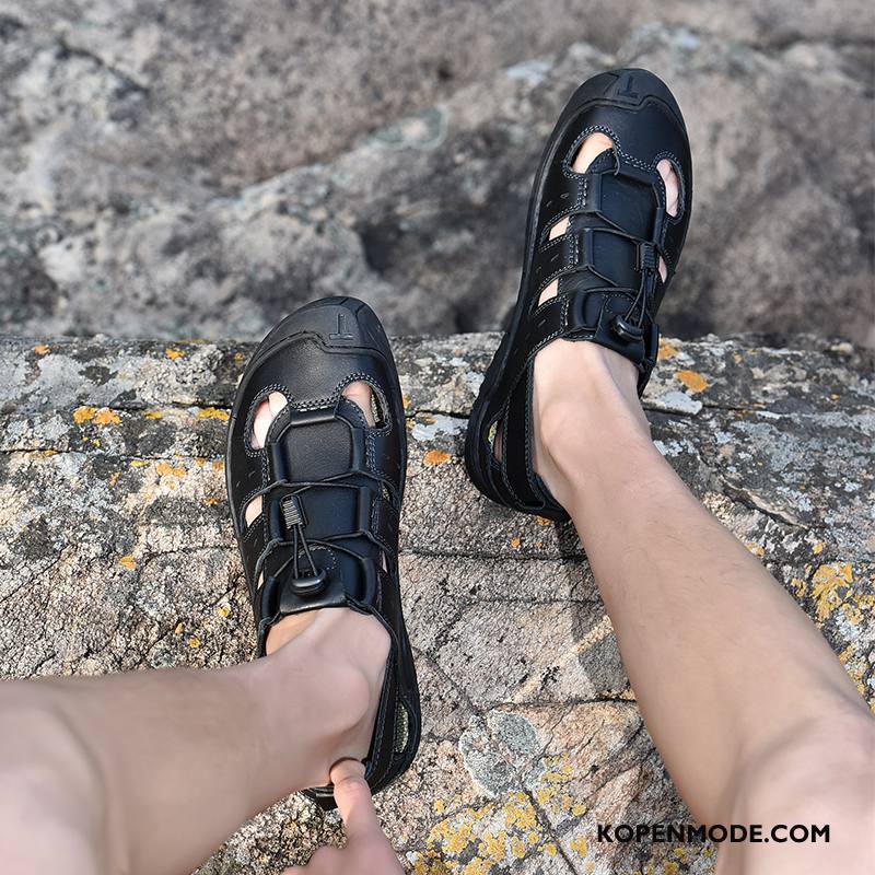 Sandalen Heren Antislip Zachte Zolen Ademende Echt Leer Kant Mannen Bruine