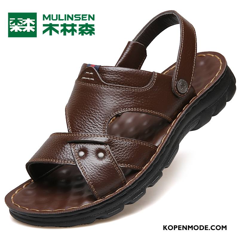 Sandalen Heren Echt Leer Casual Houten Pantoffels Trend Schoenen Zandkleur Bruine