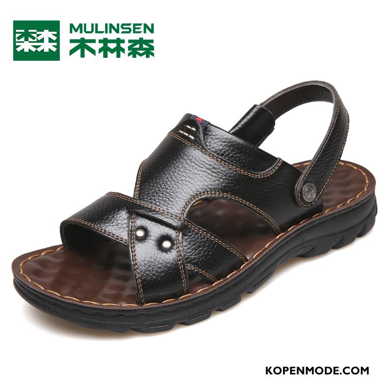 Sandalen Heren Echt Leer Casual Houten Pantoffels Trend Schoenen Zandkleur Bruine