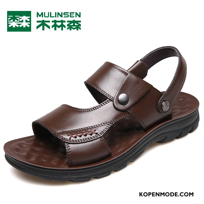 Sandalen Heren Echt Leer Casual Houten Pantoffels Trend Schoenen Zandkleur Bruine