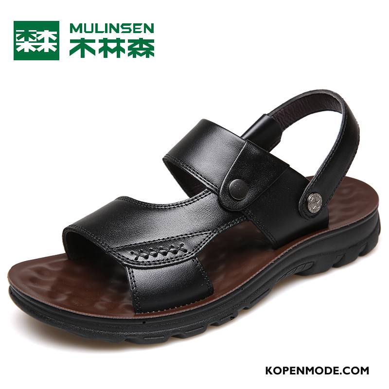 Sandalen Heren Echt Leer Casual Houten Pantoffels Trend Schoenen Zandkleur Bruine