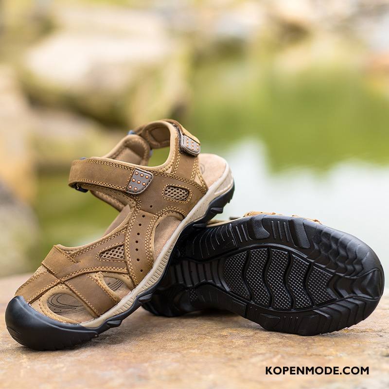 Sandalen Heren Echt Leer Zomer Mannen Sandaal Casual Outdoor Zandkleur