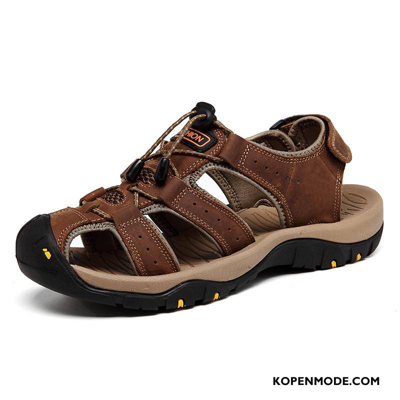 Sandalen Heren Grote Maten Zomer Trend Echt Leer Schoenen Casual Zandkleur Bruine Licht