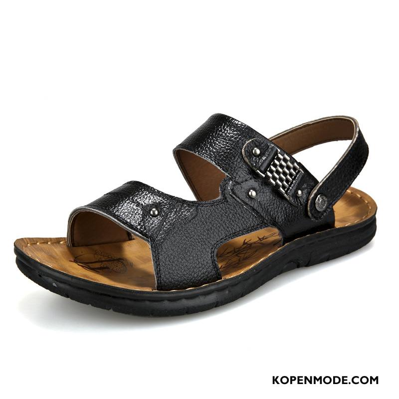 Sandalen Heren Mannen Casual Sandaal Echt Leer Pantoffels Zomer Zandkleur Zwart