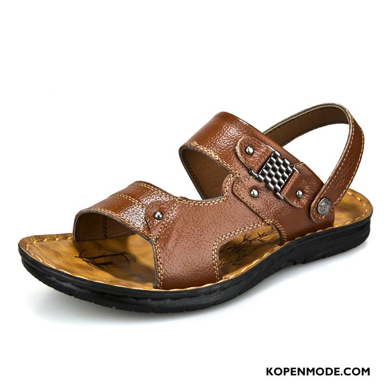 Sandalen Heren Mannen Casual Sandaal Echt Leer Pantoffels Zomer Zandkleur Zwart