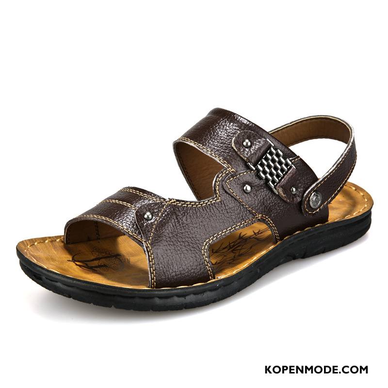 Sandalen Heren Mannen Casual Sandaal Echt Leer Pantoffels Zomer Zandkleur Zwart