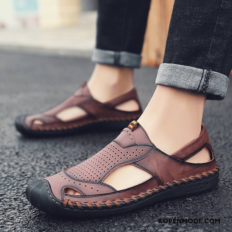 Sandalen Heren Mannen Leer Leren Schoenen Zomer Sandaal Zachte Zolen Zandkleur Bruine