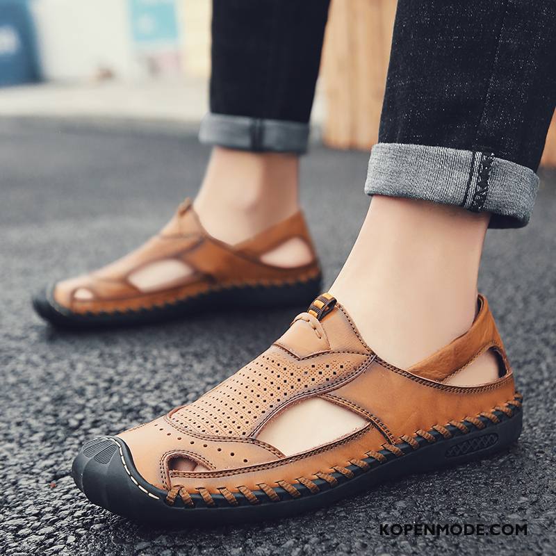 Sandalen Heren Mannen Leer Leren Schoenen Zomer Sandaal Zachte Zolen Zandkleur Bruine