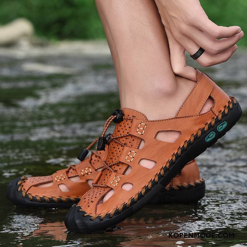 Sandalen Heren Mannen Leer Leren Schoenen Zomer Sandaal Zachte Zolen Zandkleur Bruine