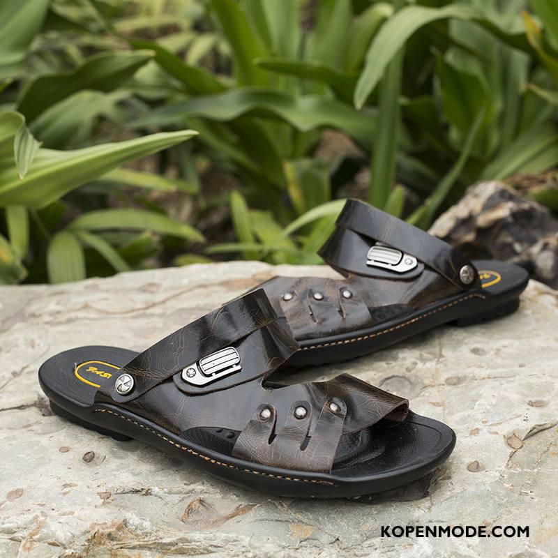 Sandalen Heren Pantoffels Mannen Schoenen Echt Leer Zomer Mode Zandkleur Bruine