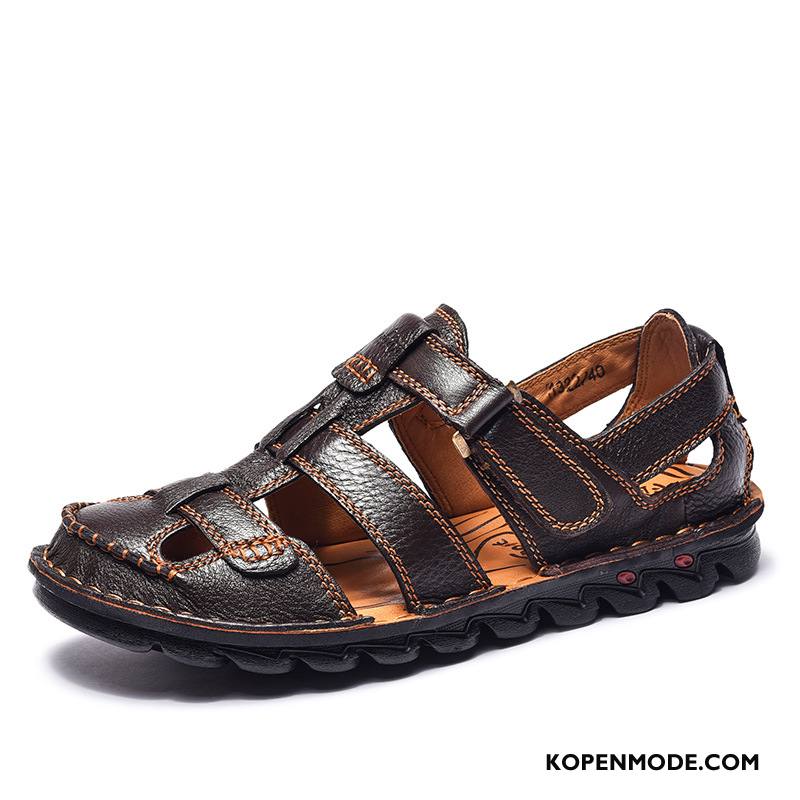 Sandalen Heren Slijtvastheid Trend Ademende Leer Casual Mannen Zandkleur Zwart